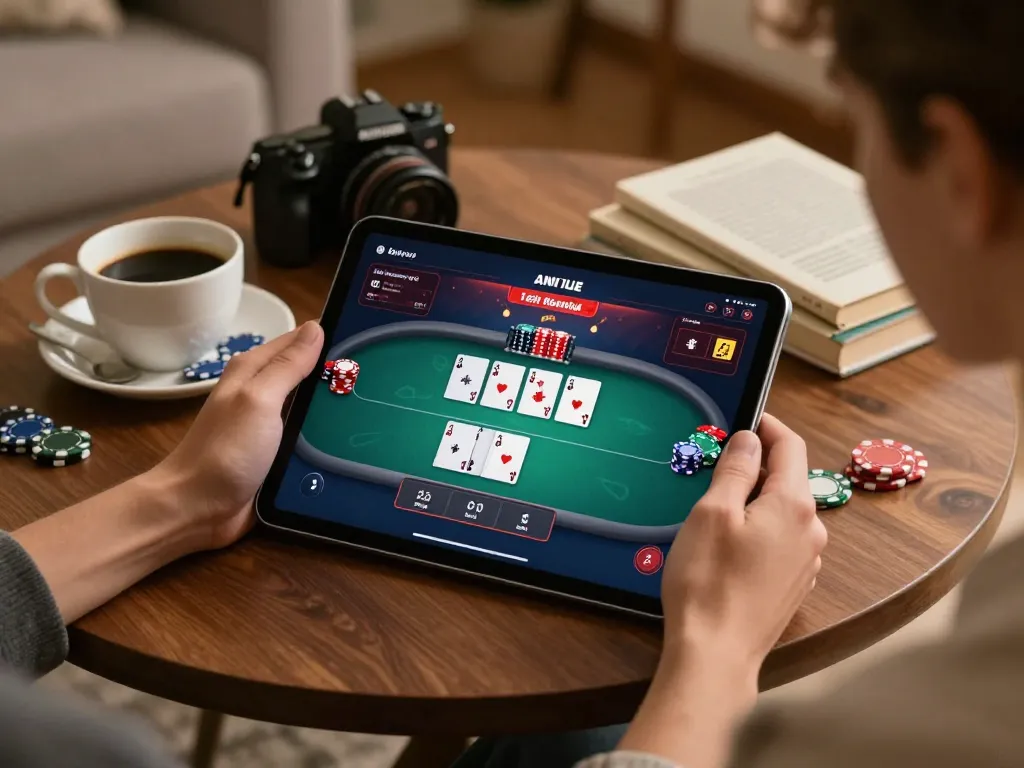 Player engaging in poker on their tablet with x333 app in a cozy home setting