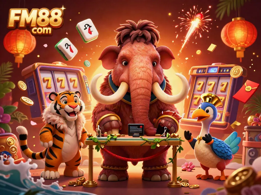 Experience vibrant gaming action with FM88 com featuring a mammoth, saber-tooth tiger, and dodo in a dynamic casino scene.