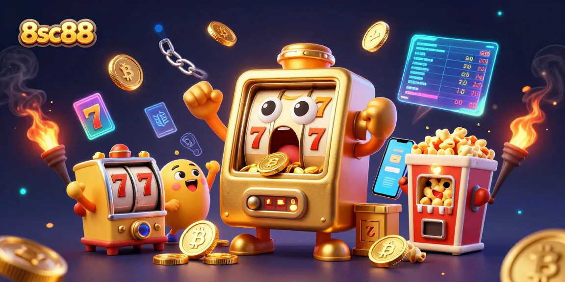 Experience jackpots with 8sc88 as golden slot machines celebrate wins amidst vibrant casino elements.