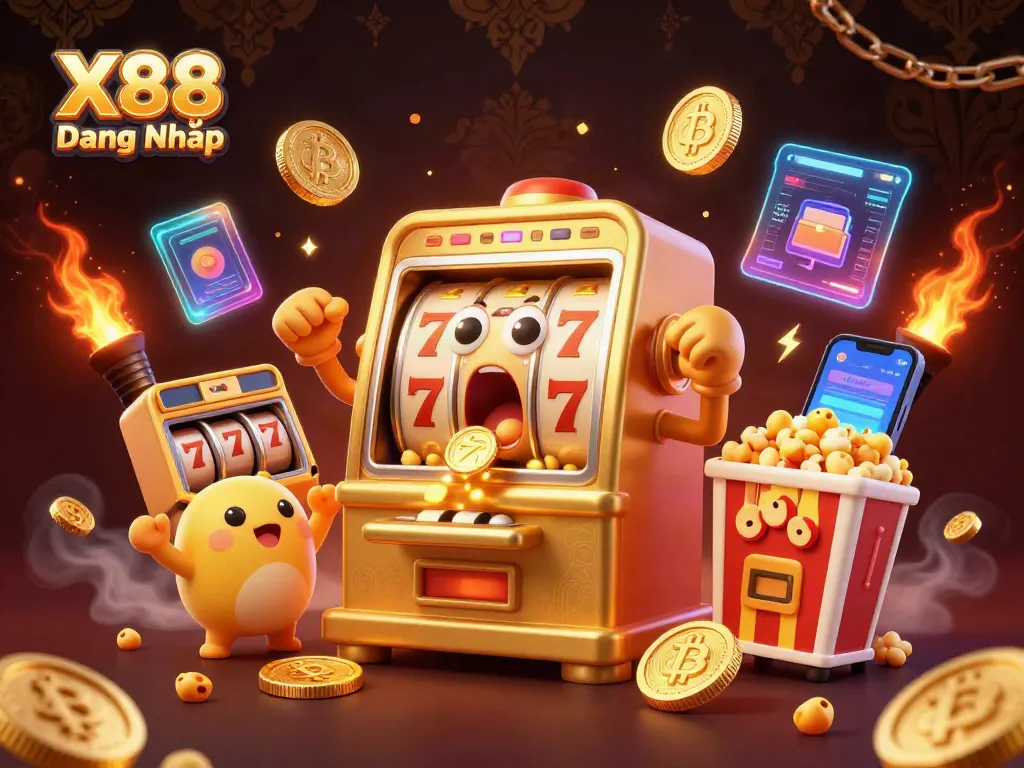 X88 Đăng Nhập: Cartoon slot machine hitting jackpot, amidst vibrant coins and exciting game elements.