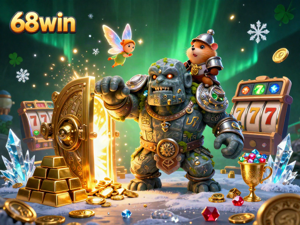 Experience thrilling gameplay with 68win's engaging casino scene featuring treasure and lucky symbols.