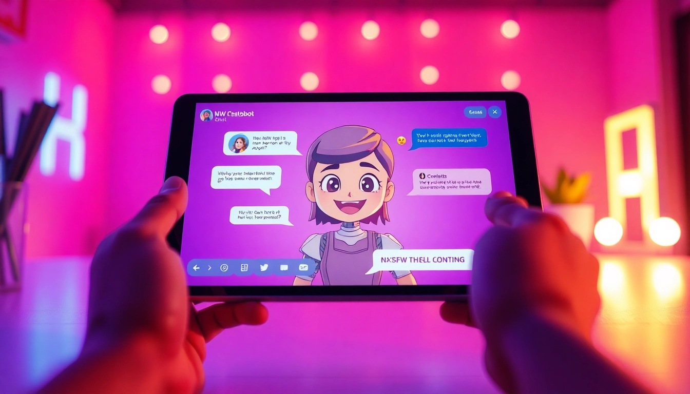 Dynamic NSFW chat bot interface showcasing an interactive AI character in a vibrant digital setting.