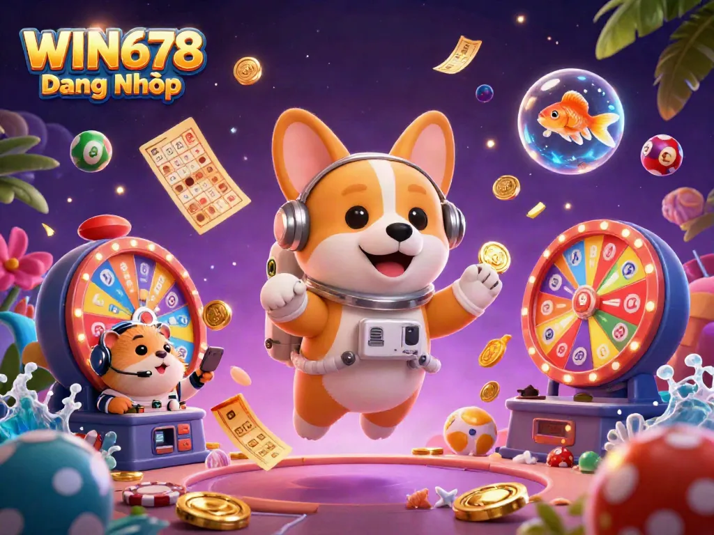 Engaging 3D illustration of WIN678 Đăng Nhập with a cartoon astronaut corgi and casino elements.