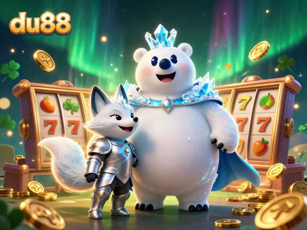 Experience thrilling slots action with du88's ice king bear and snow fox in vibrant 3D graphics.