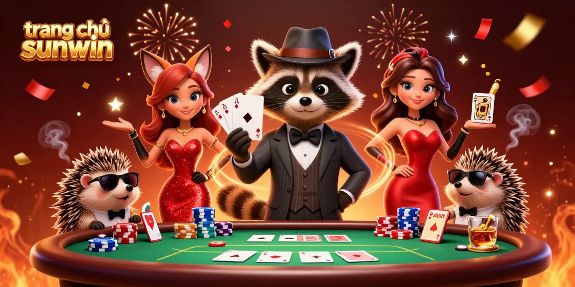 Engage with the thrilling atmosphere of trang chủ sunwin, showcased by a suave raccoon, a glamorous fox, and a cool hedgehog in a lively casino scene.