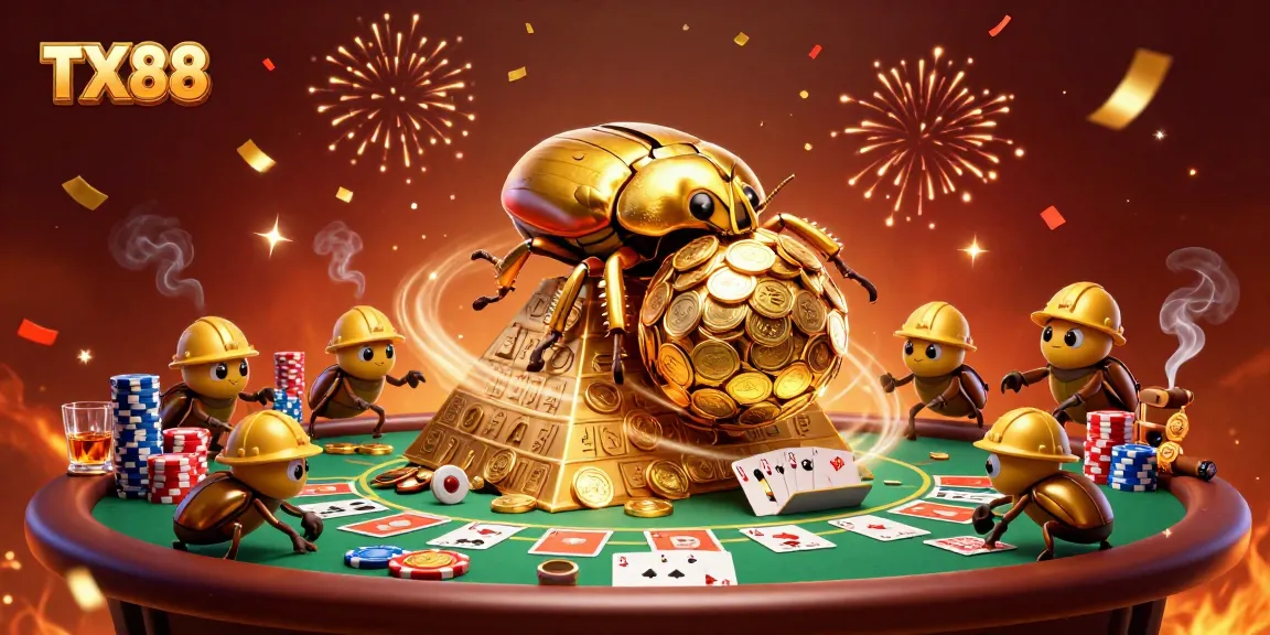 Experience the excitement of TX88 casino gaming with a golden beetle scene of poker action.