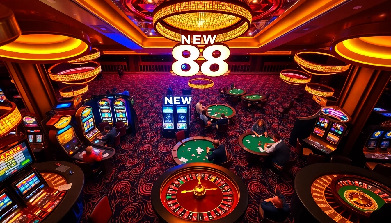 Engaging scene of players enjoying high-stakes games at NEW 88 casino, highlighting luxury and excitement.