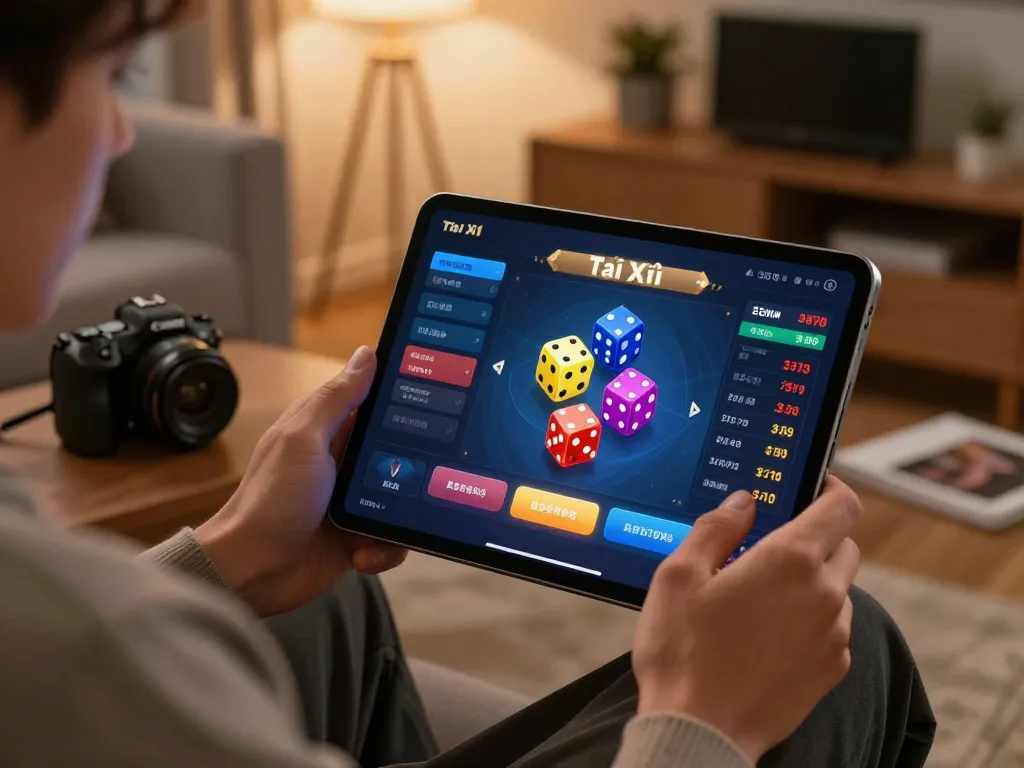 Player engaging with taixiuonlinego app for online Tài Xỉu in a cozy living room.