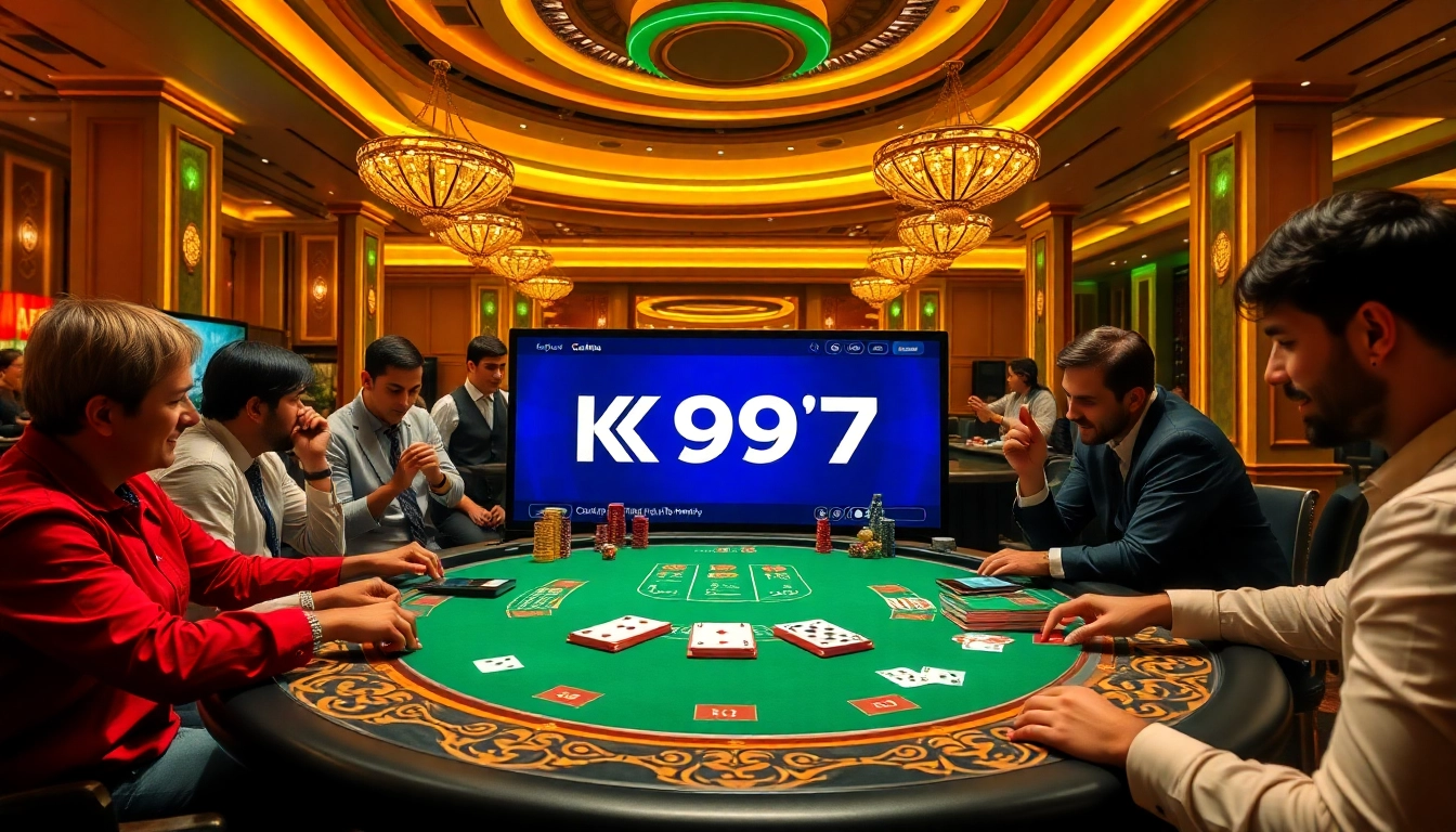 Jogadores de blackjack da K997 aproveitando uma experiência de jogo de luxo com fichas de pôquer e cartas.