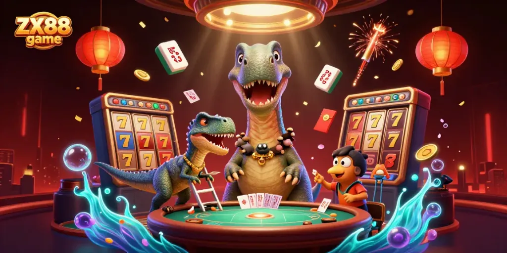 Experience the excitement of ZX88 game with a 3D cartoon casino scene featuring lively dinosaurs and dynamic gambling elements!