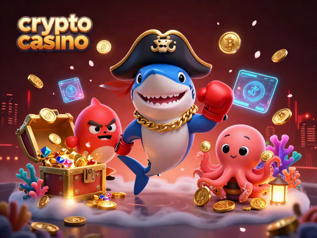 Engage in a lively crypto casino scene with a pirate shark, pufferfish, and octopus celebrating winnings.