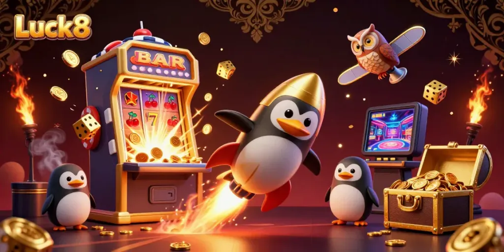 Experience thrilling gameplay at Luck8 with a golden penguin and casino-themed explosion in 3D.