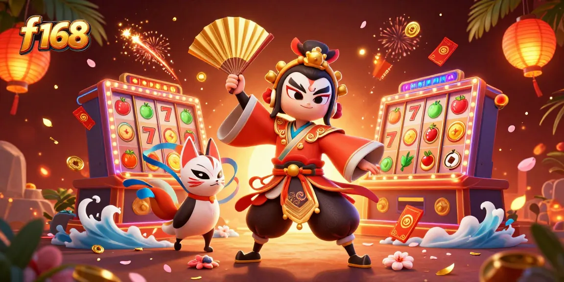 Join the thrill of f 168 slots with a vibrant kabuki warrior scene showcasing dynamic gaming elements.