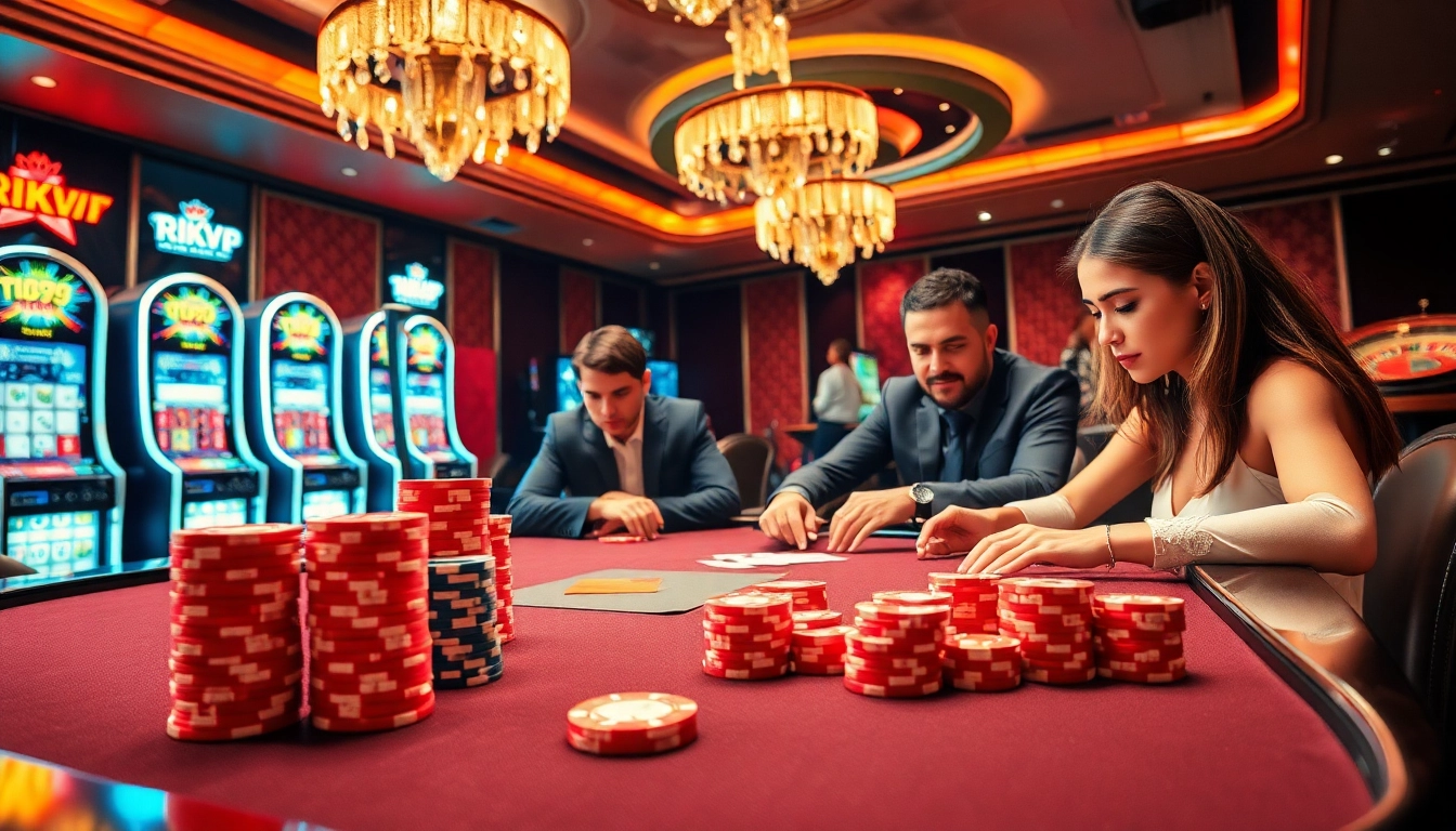 Engage in a thrilling poker game at RIK VIP's luxurious casino, with vibrant chips and focused players.