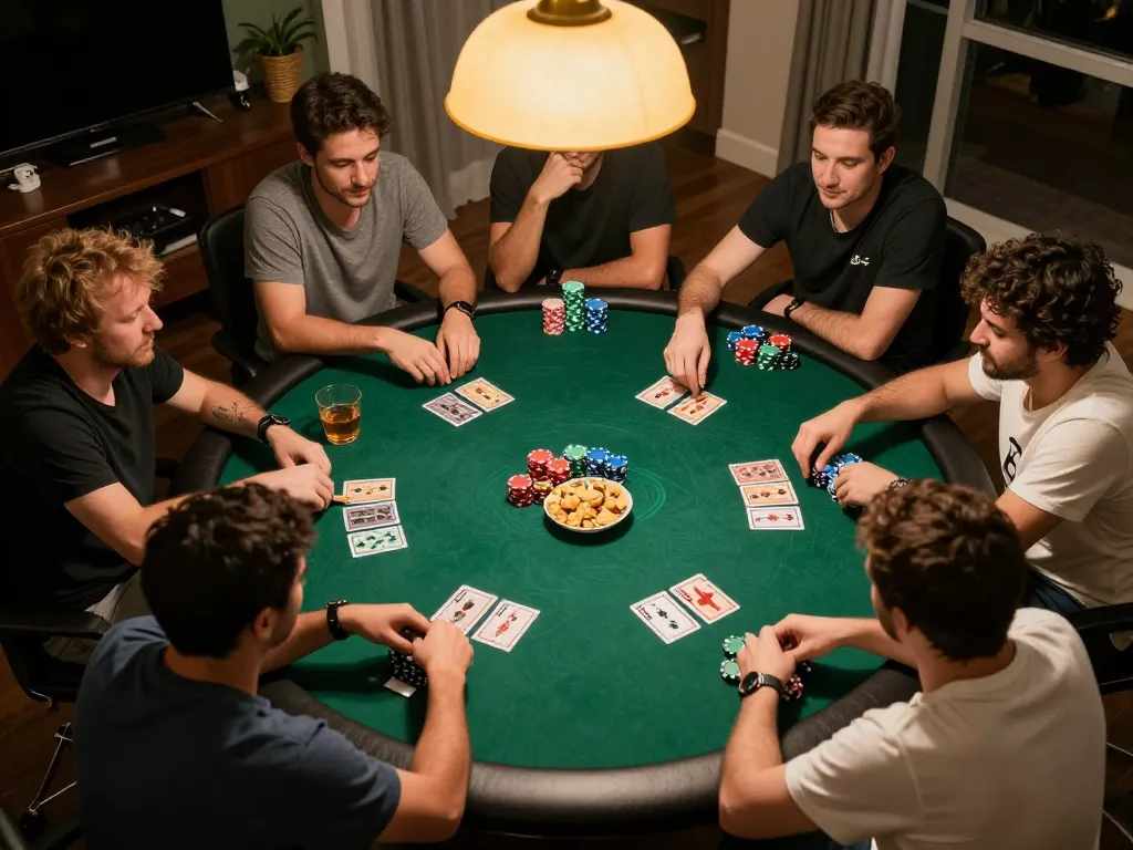 Poker players engaging in a competitive game night at home, illustrating fun and strategy at 559x.com.