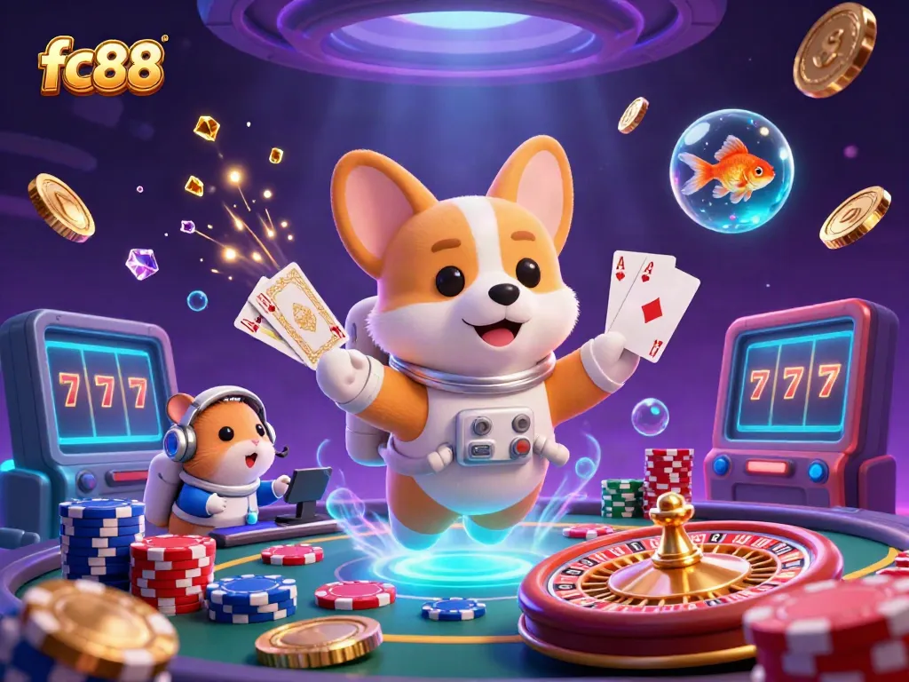 Experience the thrill of gaming at fc88 with a cartoon astronaut corgi in an exciting space casino!