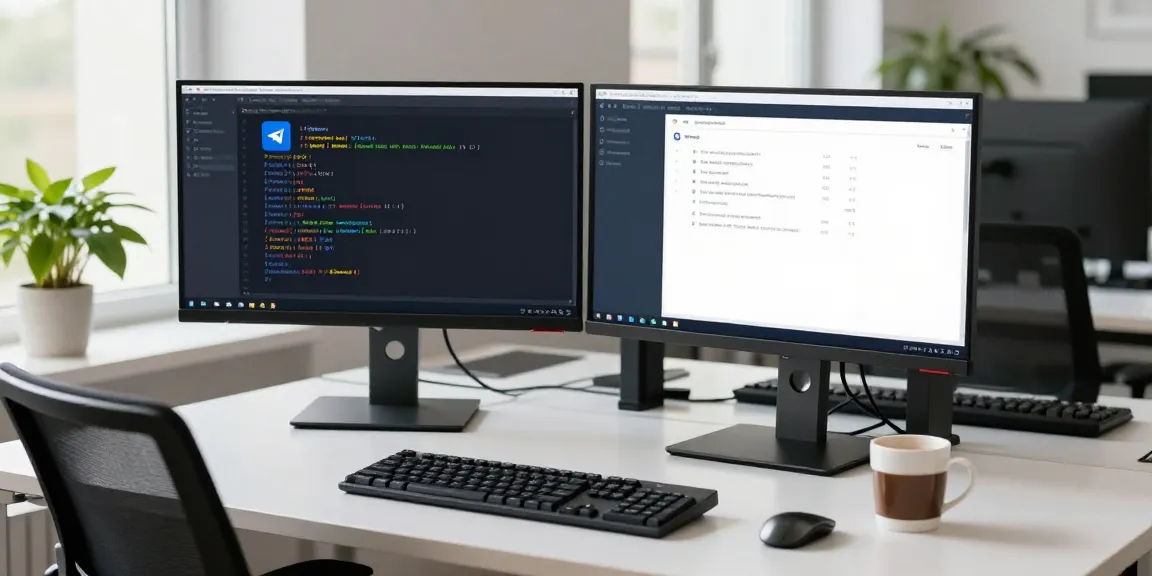Developer configuring Telegram Chinese settings at a modern tech workspace.