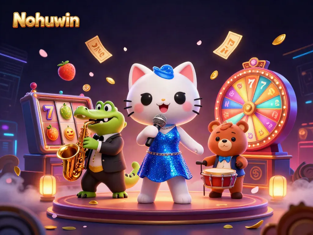 Nohuwin features lively characters engaging in a dynamic casino scene with colorful slot reels and vibrant prizes.