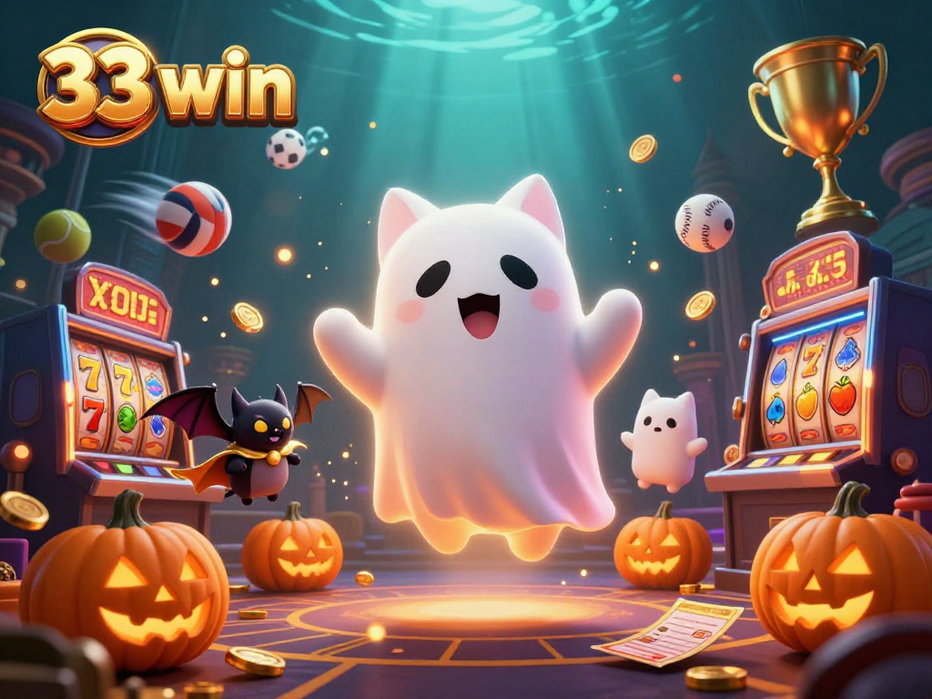 Engage with 33 win while enjoying vibrant casino-themed 3D illustration of a ghost cat and friends.