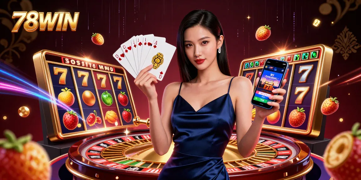 Experience thrilling gameplay at 78WIN with a stunning Asian woman showcasing the casino app and exciting slot elements.