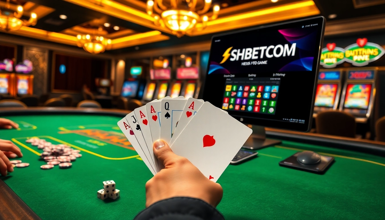 Exciting SHBETCOM online table gaming experience with vibrant poker chips, cards, and slot machines.