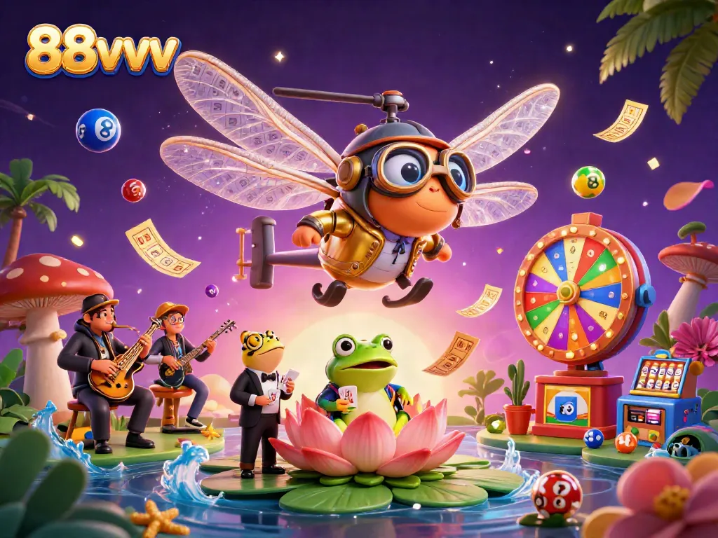Experience the excitement of 88vvv as a frog croupier deals cards under a dragonfly helicopter pilot at a vibrant casino scene.