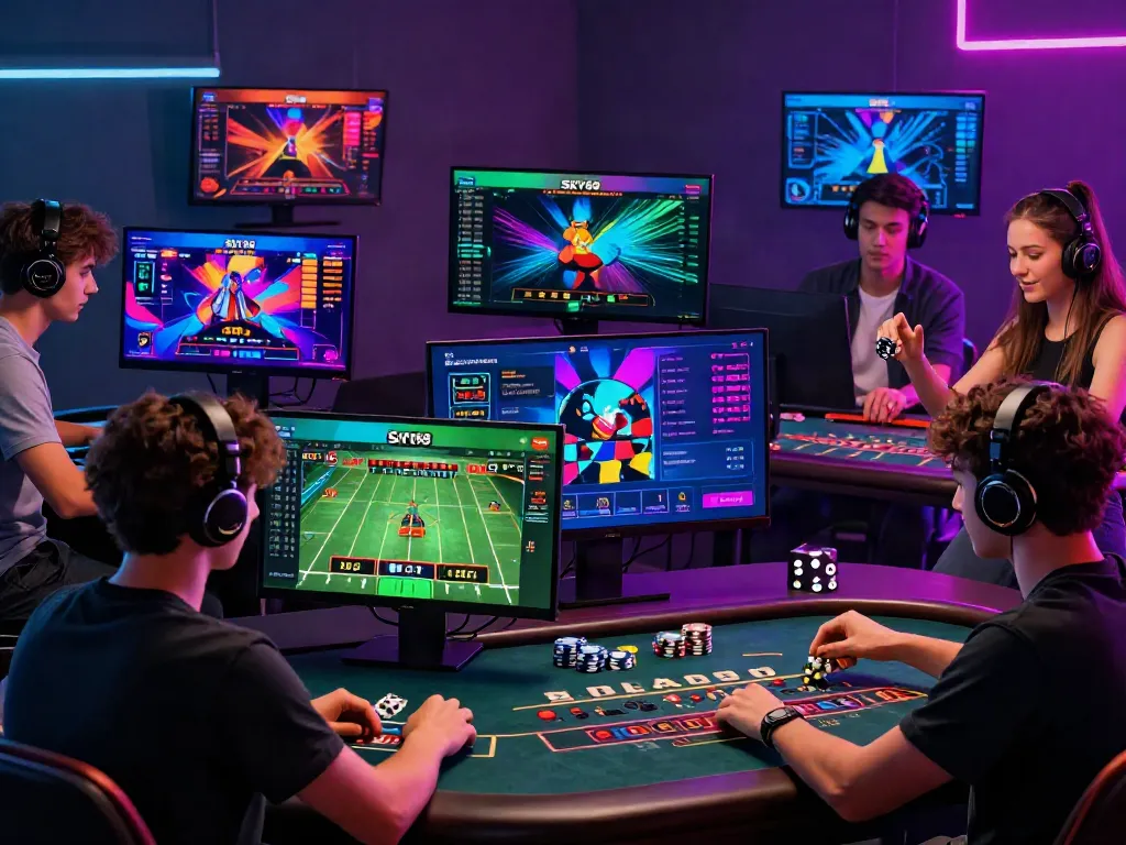 Online gaming scene on SKY88 featuring players engaging in sports betting and live casino gaming.