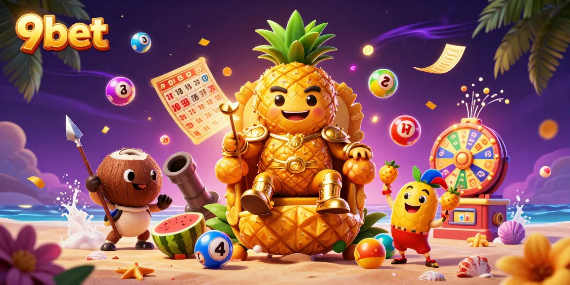 Experience the vibrant world of 9bet with the golden pineapple king in a lively casino scene.