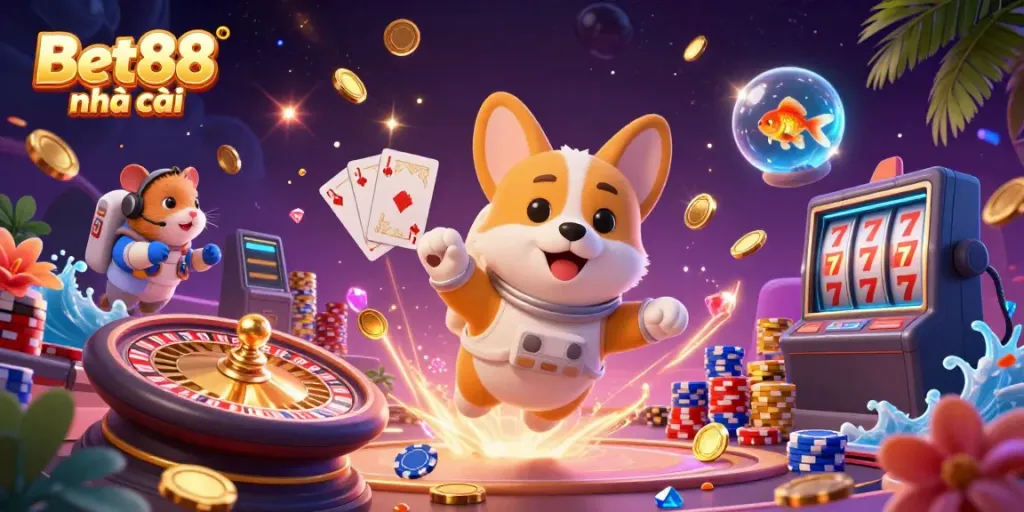 Experience the excitement of Bet88 nhà cái with a vibrant 3D casino scene featuring characters and engaging games.