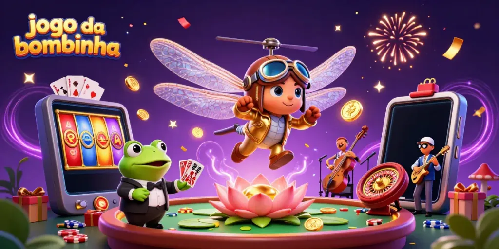 Experience the excitement of jogo da bombinha with a dragonfly pilot and frog croupier in a vibrant casino setting.