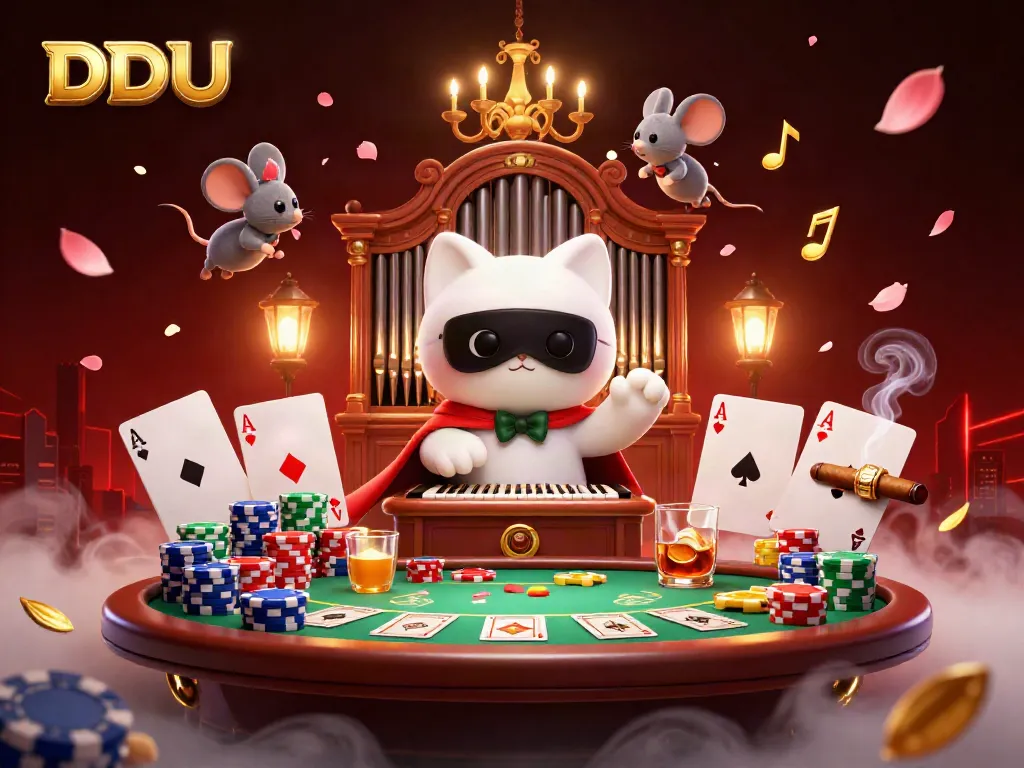 Engage with DDUU's thrilling casino experience featuring a dynamic 3D illustration of characters amidst vibrant gaming elements.