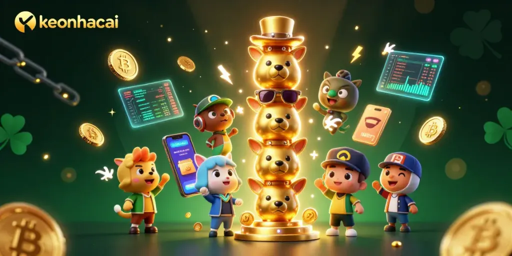 Engage with keonhacai in a dynamic casino-themed 3D illustration featuring vibrant digital elements.