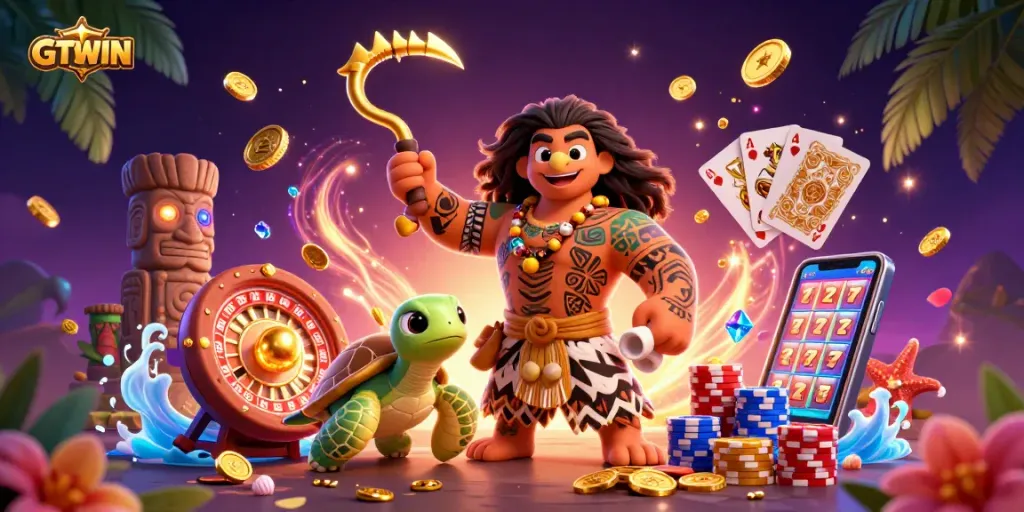 GTWIN showcases thrilling casino action with vibrant characters, gold coins, and spinning roulette.
