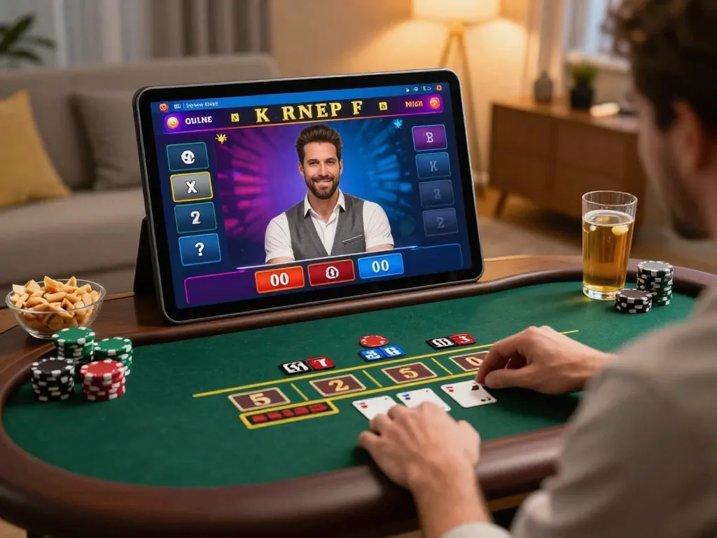 Player engaging in strategic gameplay on 40WIN blackjack app in a cozy home environment