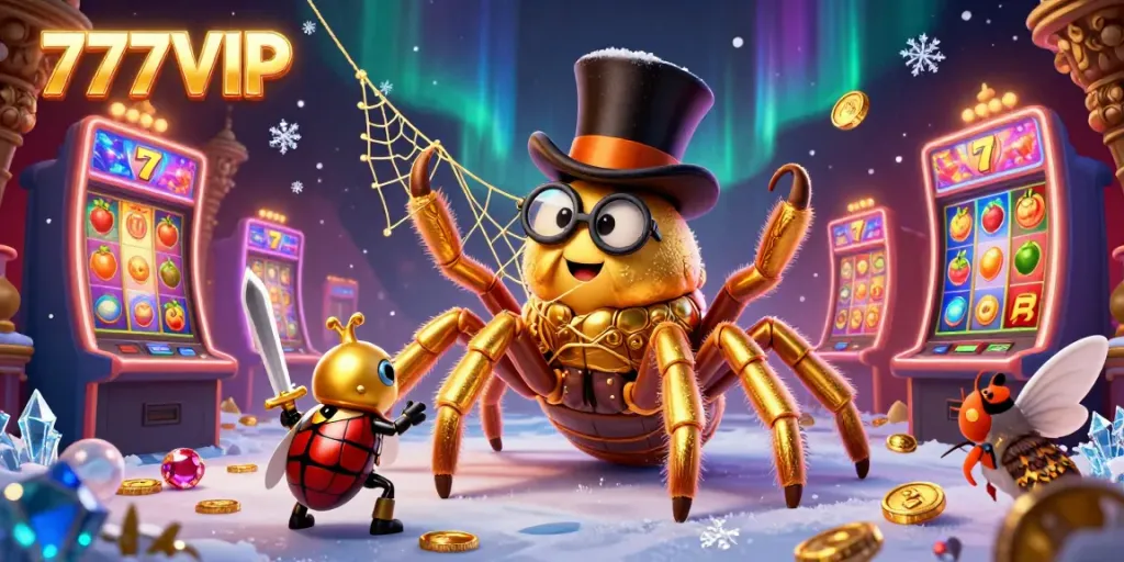Engage with the vibrant casino atmosphere of 777VIP featuring a golden tarantula and lively characters.