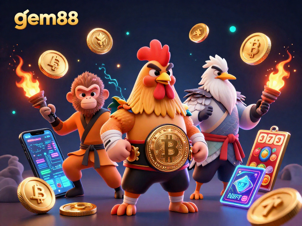 Engage with gem88 in an ultra-detailed scene featuring animated characters and crypto elements.