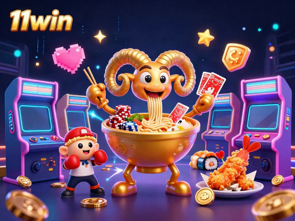 Engaging scene showcasing 11win with a giant ramen bowl character dealing cards and vibrant casino elements.