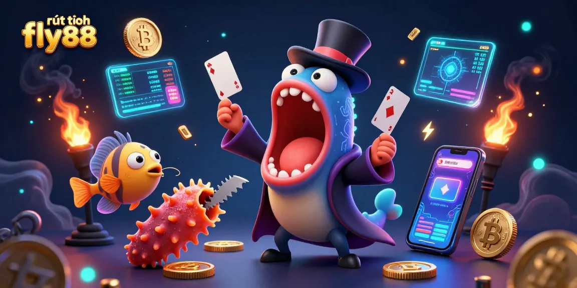 Performing rút tiền fly88 card tricks, 3D bioluminescent eel and anglerfish shine with crypto elements.