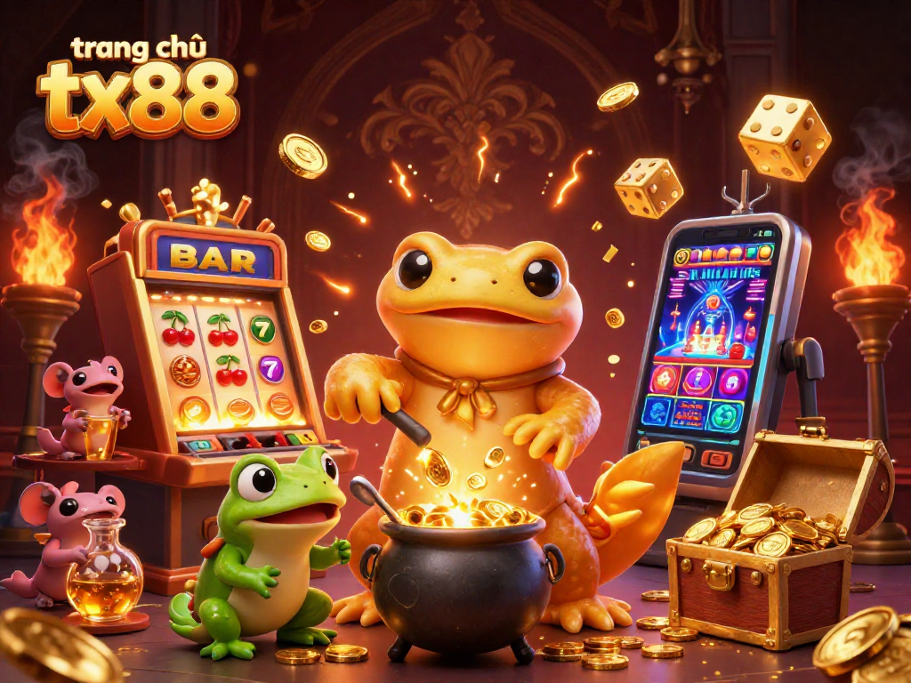 Experience the captivating world of trang chủ tx88 with golden salamanders, slot machines, and treasure in this vibrant casino scene.
