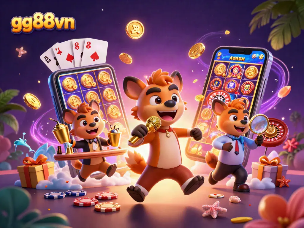 Engage with gg88vn's lively 3D casino scene featuring hyenas in a vibrant comedy casino club.