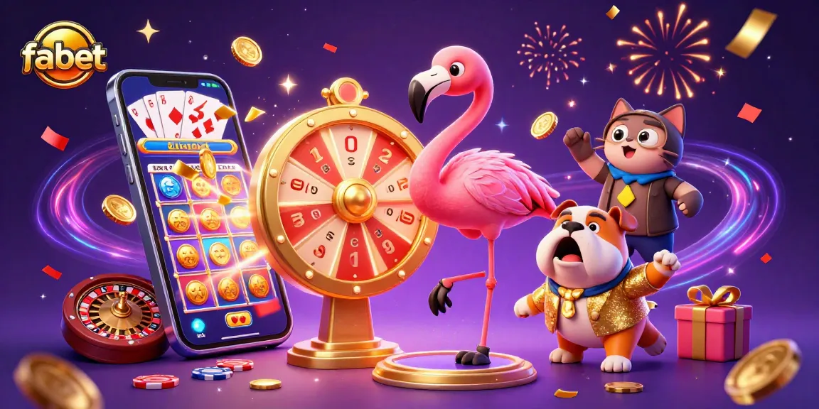 Experience excitement with fabet's vibrant 3D casino scene showcasing a flamingo host, bulldog contestant, and prizes.