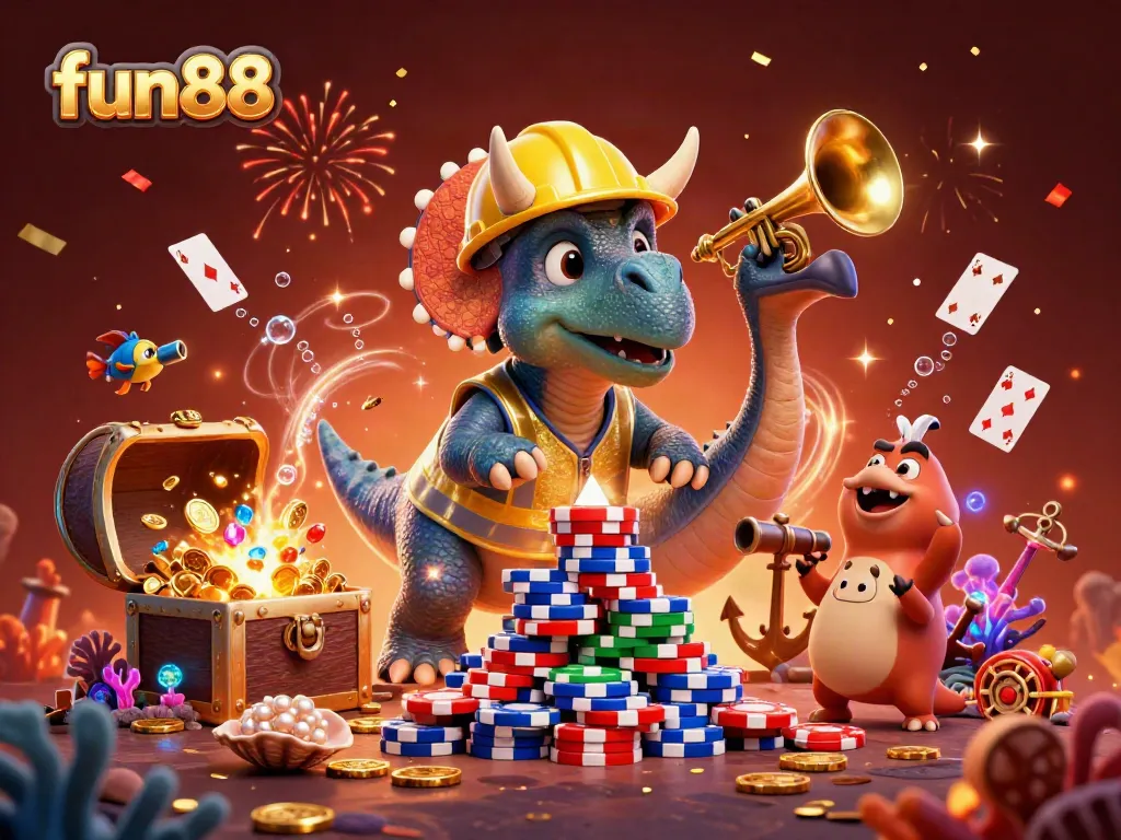Experience fun88 excitement with vibrant triceratops and celebrations in an engaging casino scene.