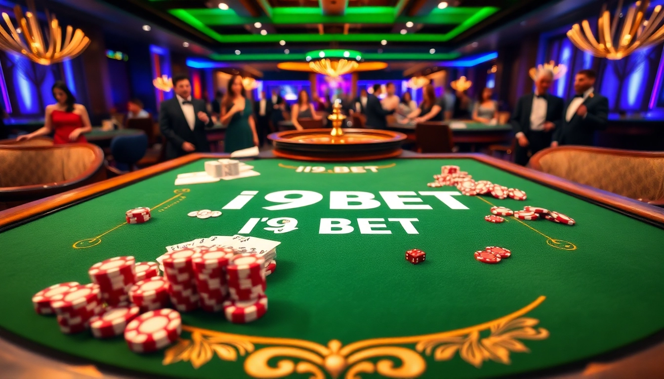 I9 BET casino experience with vibrant poker chips and roulette wheels showcasing high-stakes excitement.