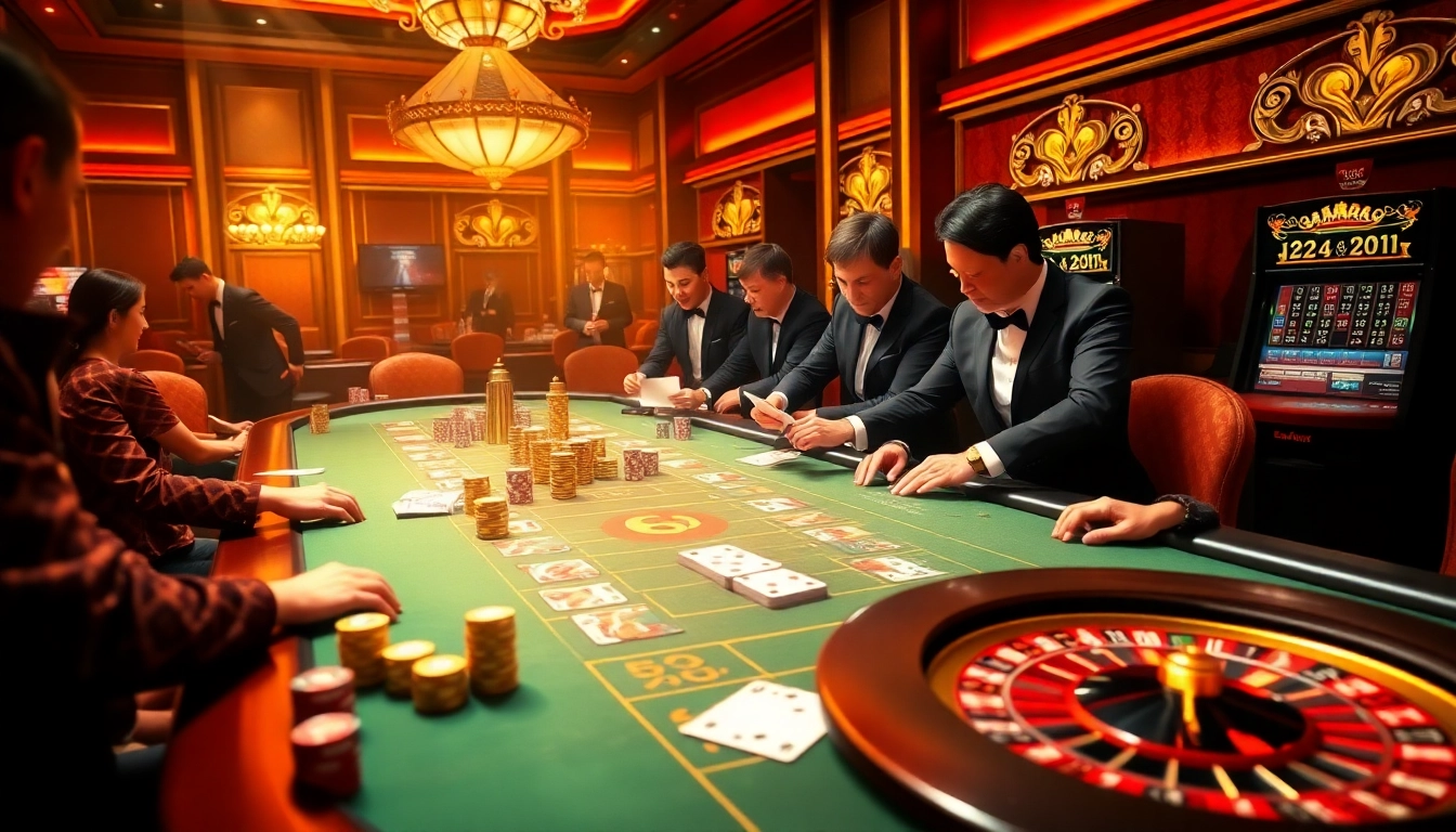 Players enjoying thrilling casino games at 78win with vibrant poker chips and rich decor.