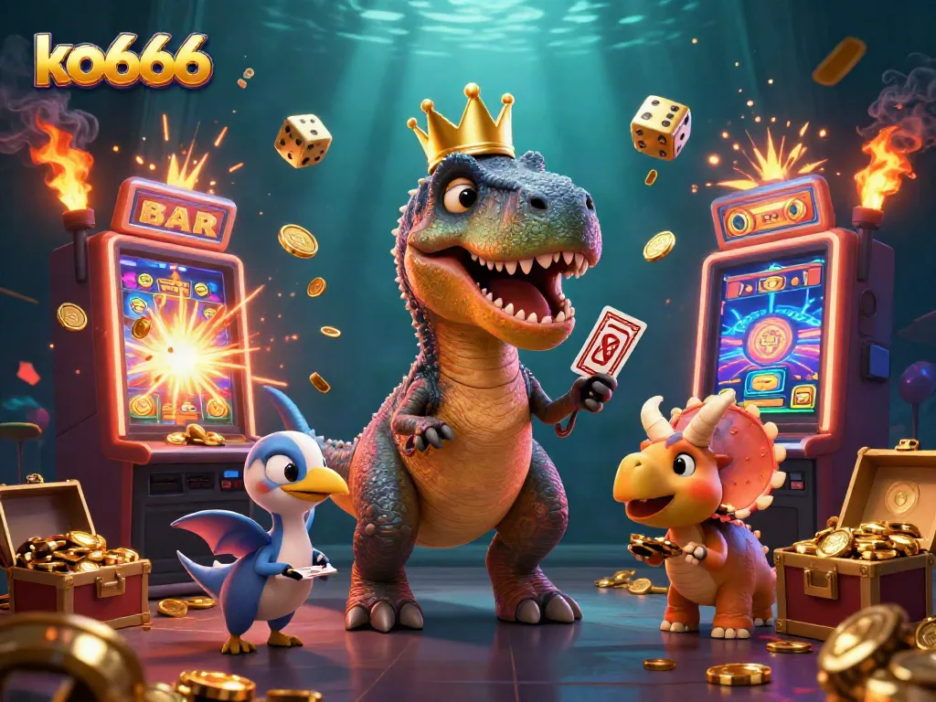 Experience thrilling wins with ko666 featuring a T-Rex dealing cards and stacking chips in a vibrant casino scene.