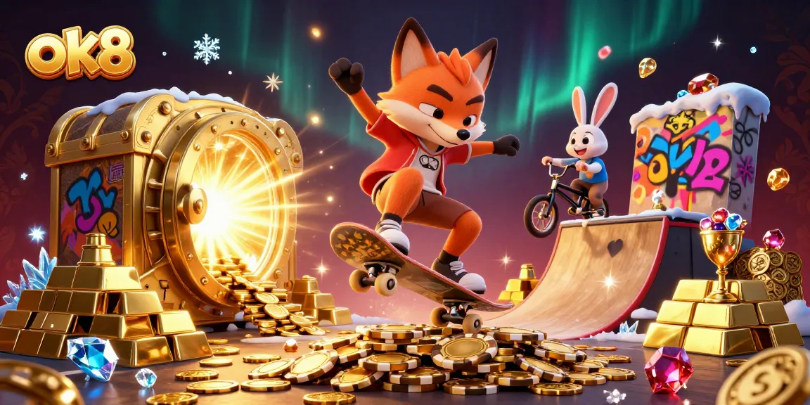 Engage in thrilling casino excitement at ok8 with vibrant 3D illustrations showcasing iconic symbols and characters.
