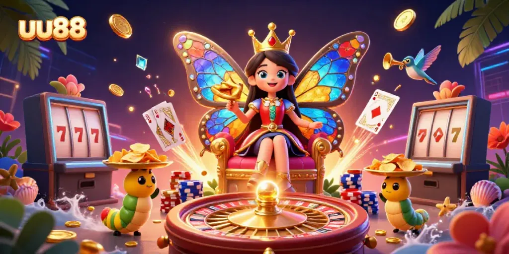 Experience the vibrant world of uu88 with lively characters and casino elements in this stunning illustration.