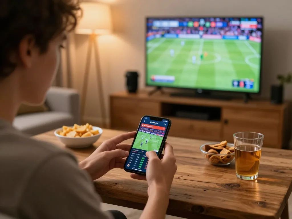 Excited user places live bets on jun88 using smartphone during sports event at home.