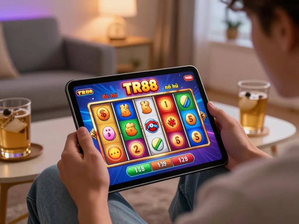 Playing TR88 nổ hũ slot game on tablet in cozy home setting