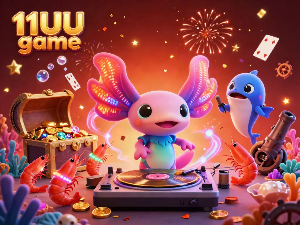 Experience the thrill of 11UU game with a neon-colored axolotl DJ spinning records underwater amidst gold coins and vibrant coral.